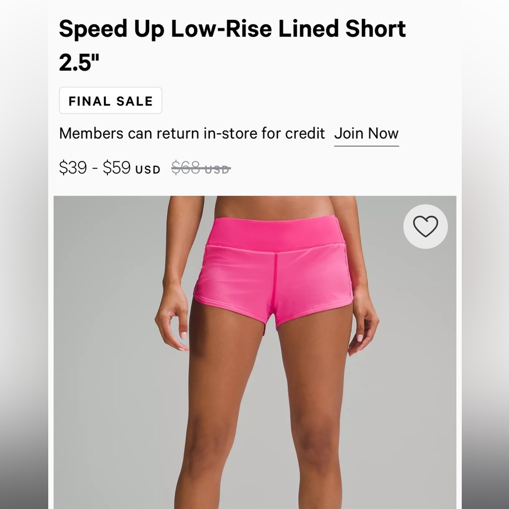 Pink Lululemon speed up shorts low rise lined size 4